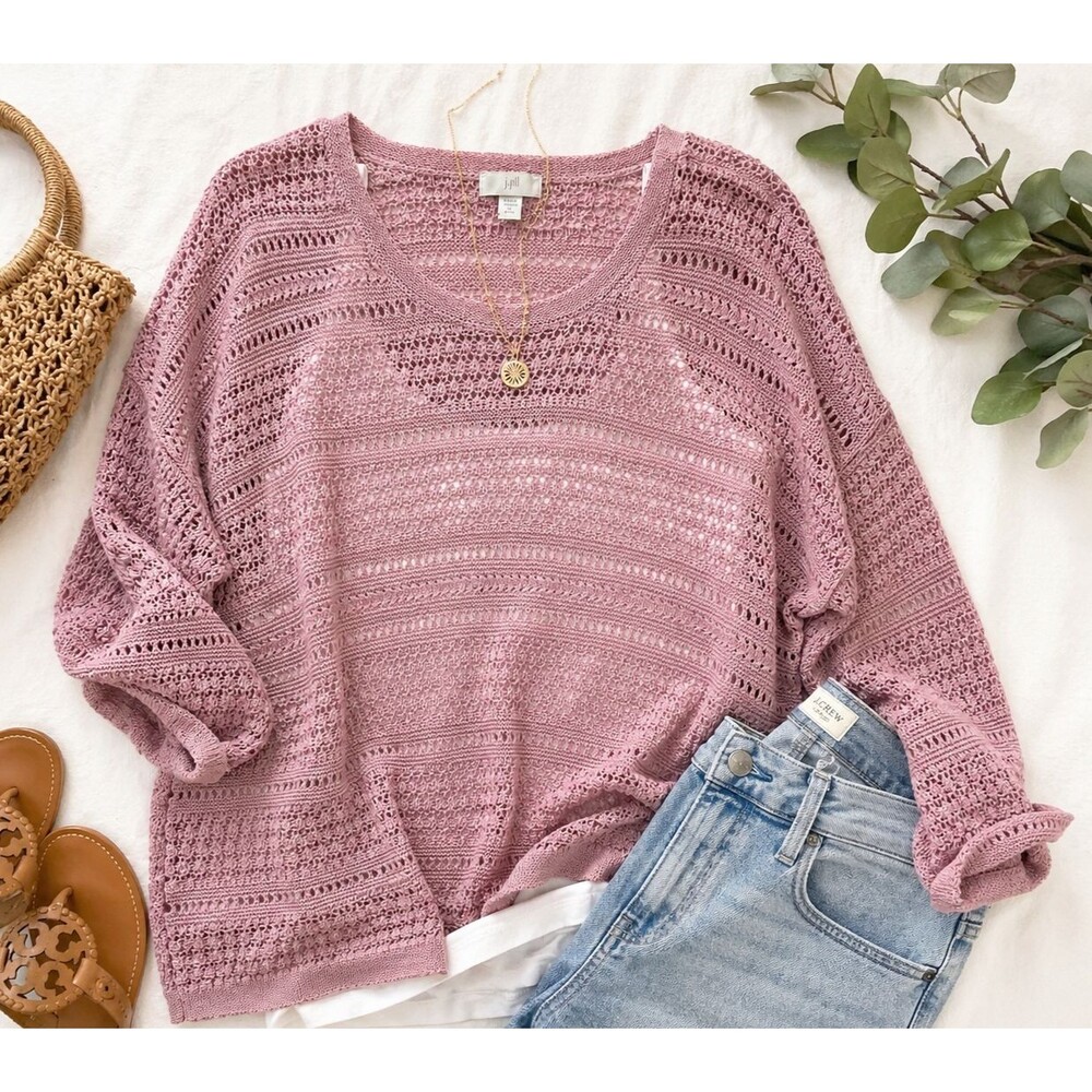 J.Jill XL Petite Pink Open Knit Sweater Lightweight Cotton Blend Pullover Women